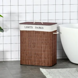 bamboo-laundry-hamper-lid_1 Bamboo laundry hamper with lid standing on a tiled bathroom floor beside a tub