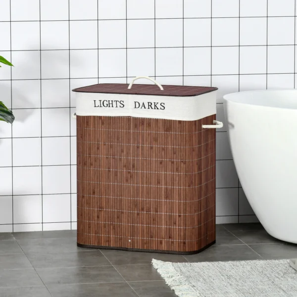 bamboo-laundry-hamper-lid_1 Bamboo laundry hamper with lid standing on a tiled bathroom floor beside a tub