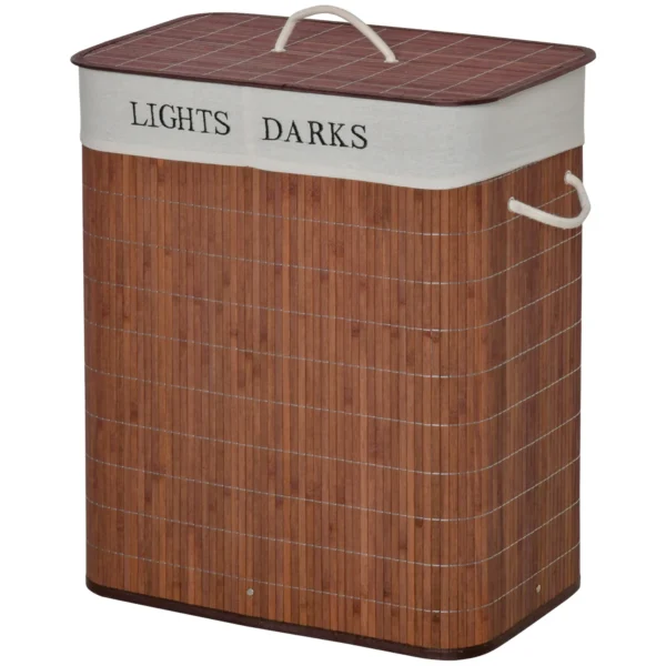 bamboo-laundry-hamper-lid_2 Brown bamboo hamper with rope handles and LIGHTS and DARKS liner labels