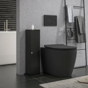 black-toilet-paper-storage-cabinet_1 Black toilet paper storage cabinet standing beside a matte black toilet in a gray bathroom