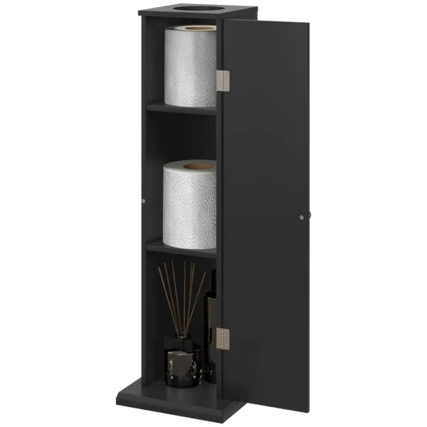 black-toilet-paper-storage-cabinet_2 Slim black bathroom cabinet with door open showing two rolls and a diffuser on three shelves