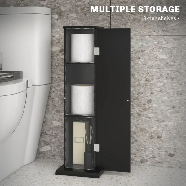 black-toilet-paper-storage-cabinet_3 Open three-tier bathroom tower holding paper rolls and a reed diffuser next to a toilet