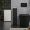 black-toilet-paper-storage-cabinet_8 Front view of the slim black tissue cabinet between a freestanding tub and toilet