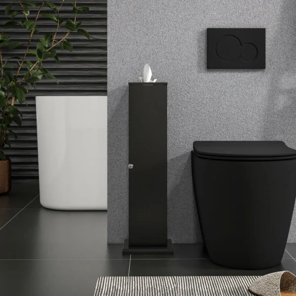 black-toilet-paper-storage-cabinet_8 Front view of the slim black tissue cabinet between a freestanding tub and toilet