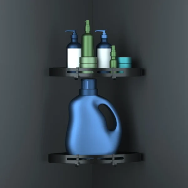 corner-shower-caddy-shelf_1 Black corner shower caddy mounted in two tiers holding bottles and a detergent jug