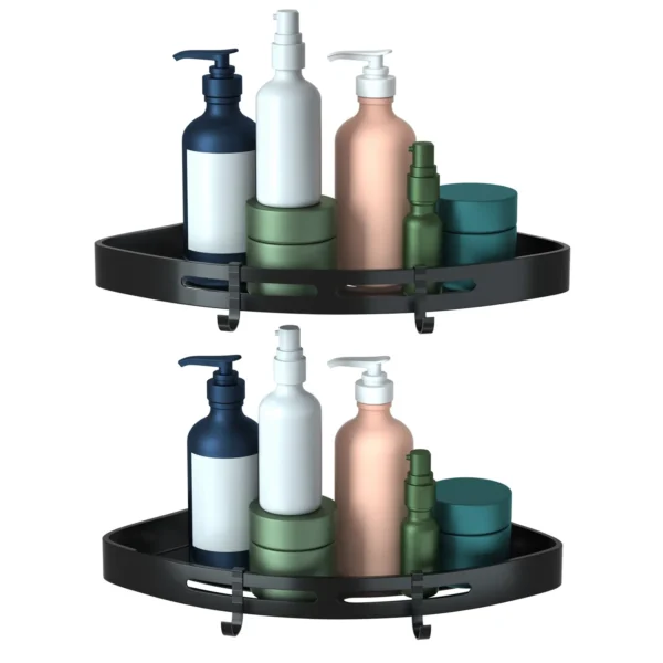 corner-shower-caddy-shelf_2 Two black aluminum corner shelves loaded with pump bottles and cosmetic jars
