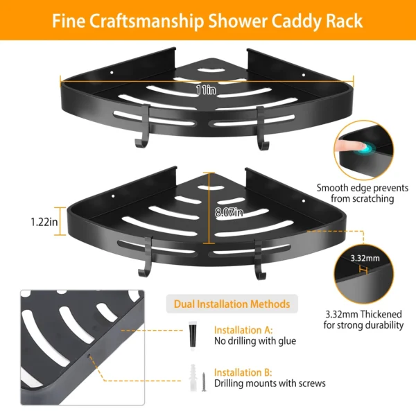 corner-shower-caddy-shelf_4 Dimension diagram showing 11 inch width, 8.07 inch depth and 3.32 mm panel