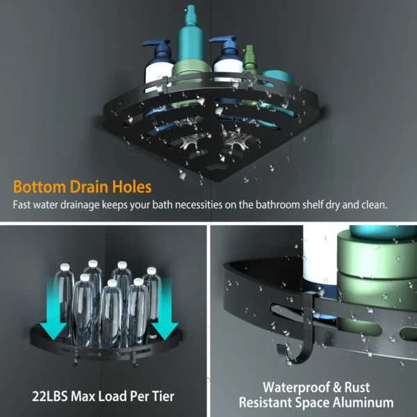 corner-shower-caddy-shelf_5 Slotted base draining water, with 22 lbs load rating and rust resistant aluminum