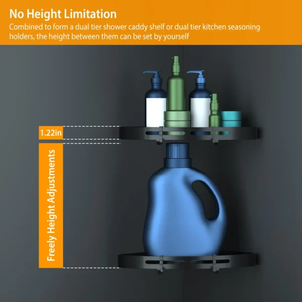 corner-shower-caddy-shelf_7 Two tiers mounted separately with adjustable spacing for tall shampoo bottles