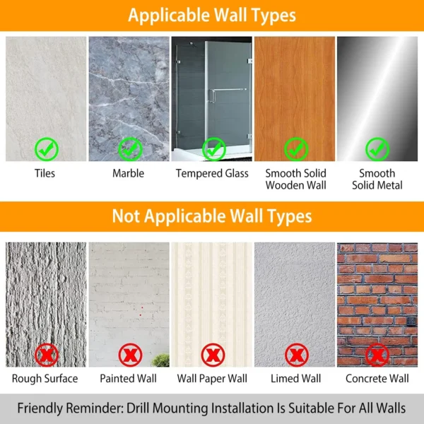 corner-shower-caddy-shelf_8 Wall type chart for adhesive mounting on tile, marble, glass, wood and metal