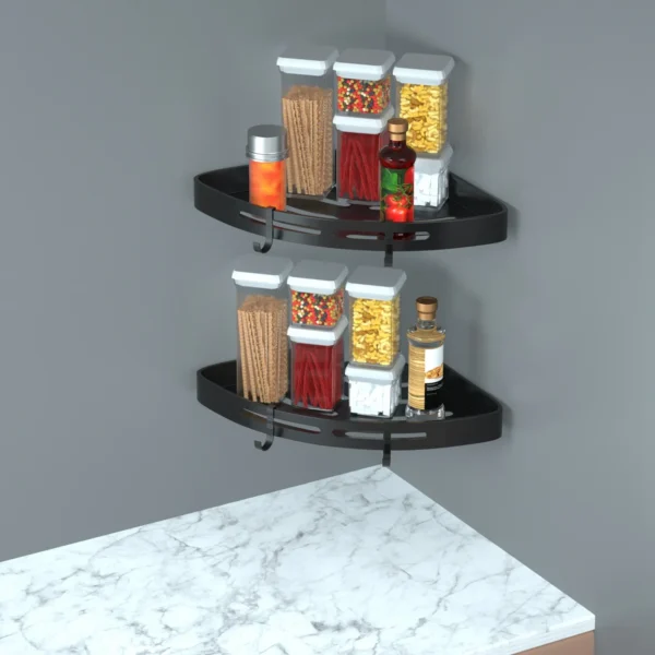 corner-shower-caddy-shelf_9 Black corner shelves in a kitchen corner holding pasta jars and an oil bottle