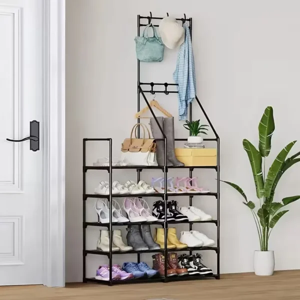 entryway-shoe-rack_1 Black entryway shoe rack beside a front door holding shoes, a hat and a bag