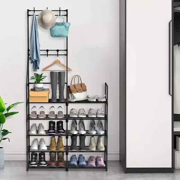 entryway-shoe-rack_2 Full view of the double row metal rack in a hallway, ten shelves loaded with footwear