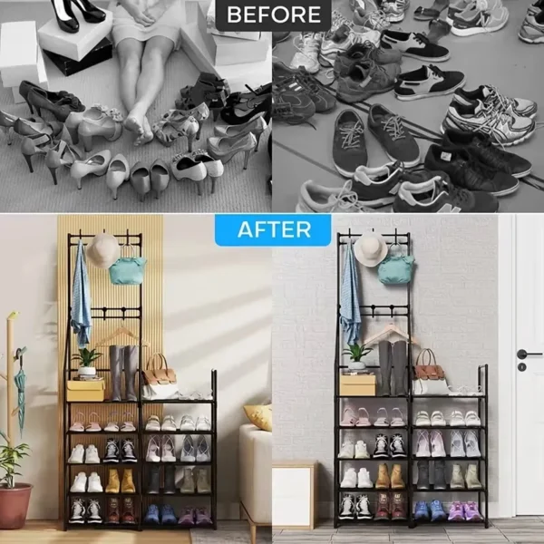 entryway-shoe-rack_5 Before and after comparison of shoes on the floor and shoes on the rack