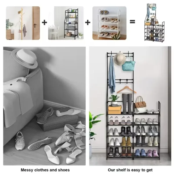 entryway-shoe-rack_6 Combination hall stand shown as a coat rack, shelf unit and shoe tower in one