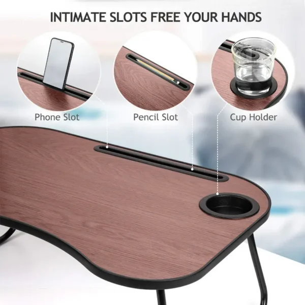 close-up of the built-in phone slot, pencil slot, and cup holder