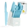 knife-set-block_1 Blue knife set with block, twelve knives and shears loaded in the stand