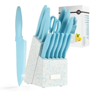 knife-set-block_1 Blue knife set with block, twelve knives and shears loaded in the stand