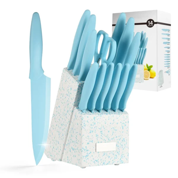 knife-set-block_1 Blue knife set with block, twelve knives and shears loaded in the stand