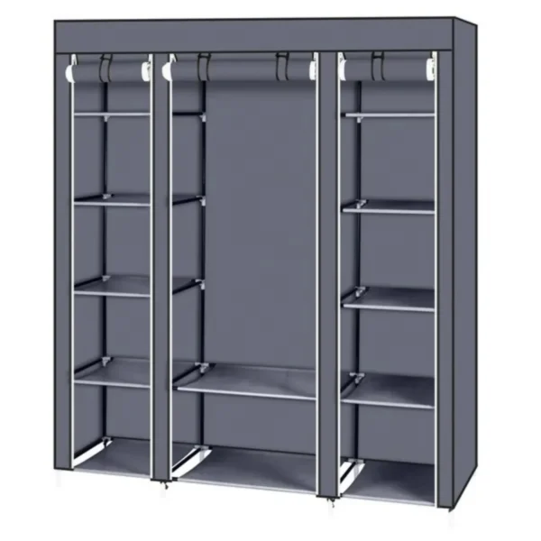 portable-closet-organizer-wardrobe_2 Front view of the gray fabric wardrobe with roll-up panels open and shelves visible