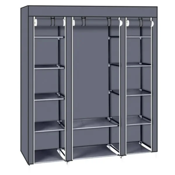 portable-closet-organizer-wardrobe_3 Angled view showing the center hanging bay and two side columns of fabric shelves
