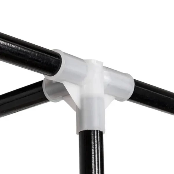 portable-closet-organizer-wardrobe_5 Close-up of a white plastic connector joining three black steel frame tubes