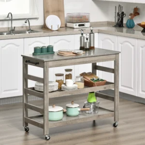 rolling-kitchen-cart-stainless-top_1 Gray rolling kitchen cart with stone top holding dishes and jars in a bright kitchen