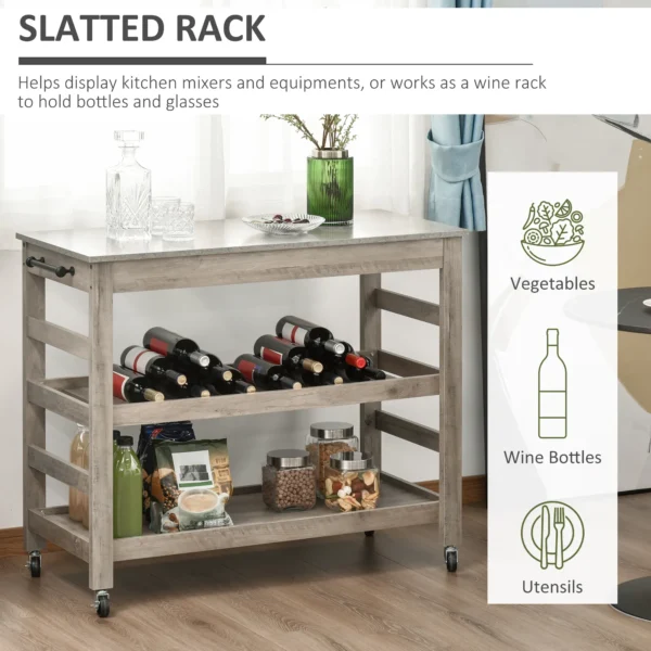 rolling-kitchen-cart-stainless-top_2 Rolling kitchen cart in a dining room with wine bottles on the slatted shelf