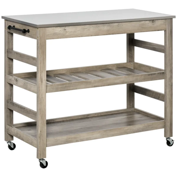 rolling-kitchen-cart-stainless-top_3 Grey three tier serving cart with a steel top on white background