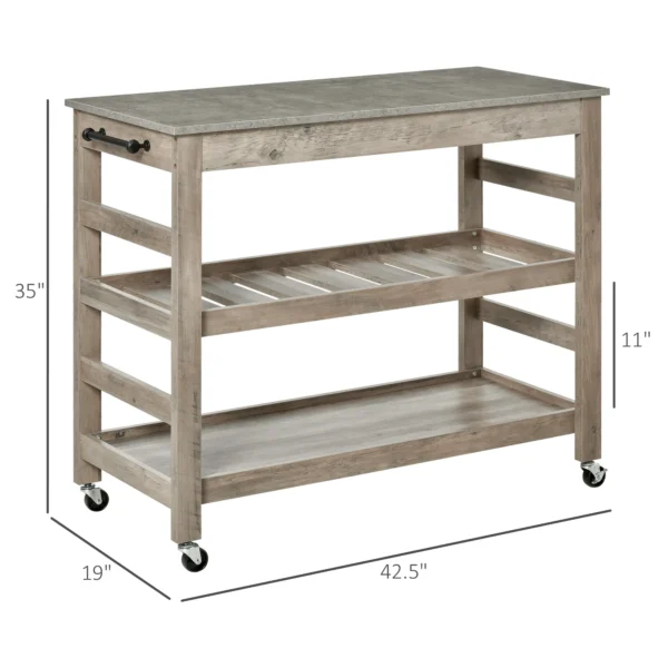 rolling-kitchen-cart-stainless-top_4 Dimension diagram showing 42.5 inch width, 19 inch depth and 35 inch height