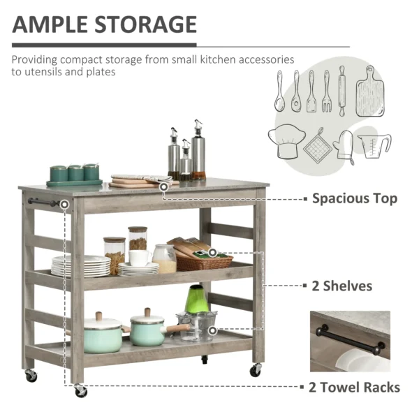 rolling-kitchen-cart-stainless-top_5 Kitchen island cart holding plates, jars and pans on two open shelves