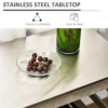 rolling-kitchen-cart-stainless-top_6 Close-up of the brushed stainless steel countertop with a glass dish