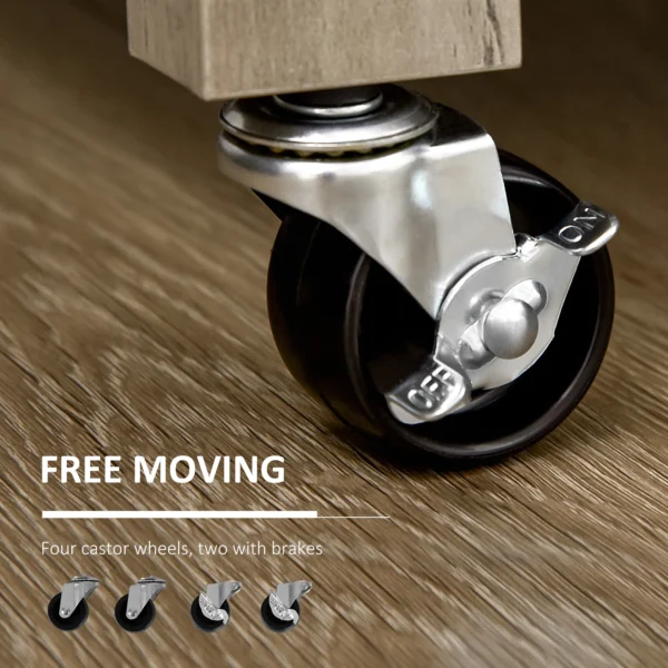 rolling-kitchen-cart-stainless-top_7 Swivel caster with an on and off brake lever under the cart leg