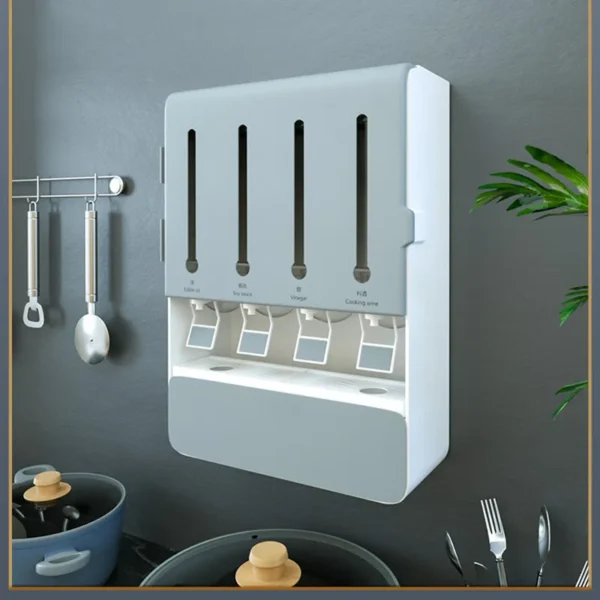 wall-mounted-seasoning-box_6 Grey seasoning organizer on a kitchen wall above pans and cutlery