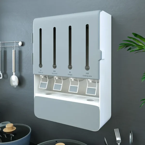 wall-mounted-seasoning-box_7 Close view of the grey unit showing the four press-lever pump spouts